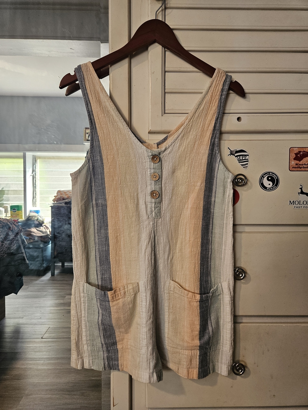 Rip Curl Striped Sleeveless Button-Front Romper in Pastel Rainbow Colors